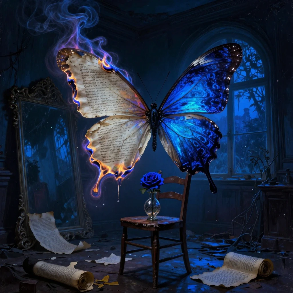 A surreal, dark fantasy photograph set within a decaying, abandoned room bathed in deep, mystical blue light. The focal point is a massive, spectral b