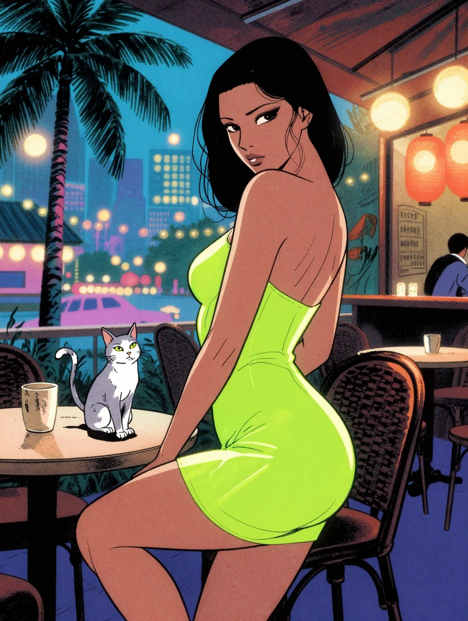 Woman dressed in neon minidress and a cat at an outdoor cafe in a city