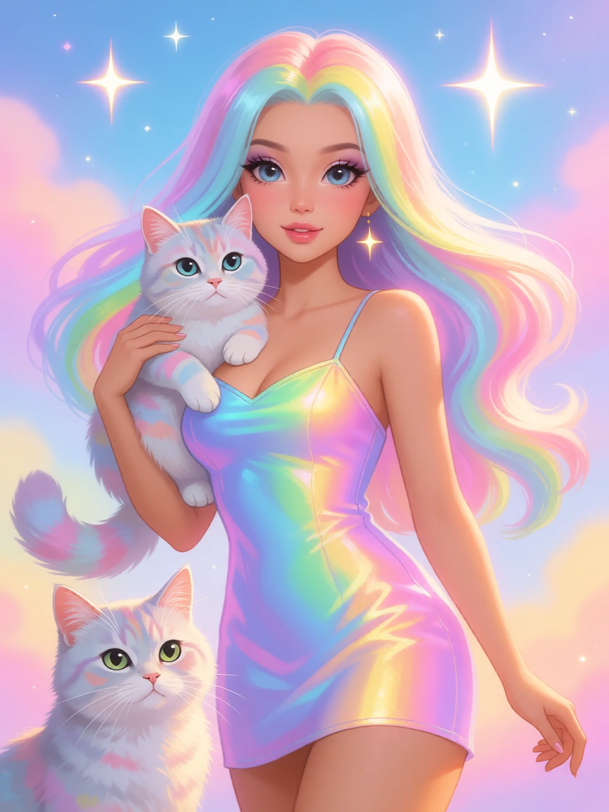 Beautiful pastel rainbow woman with a cat, minidress