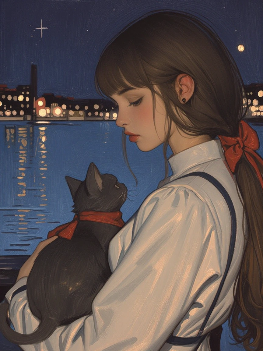 Pastel folk art nighttime woman with her cat, water, city, lights, starry