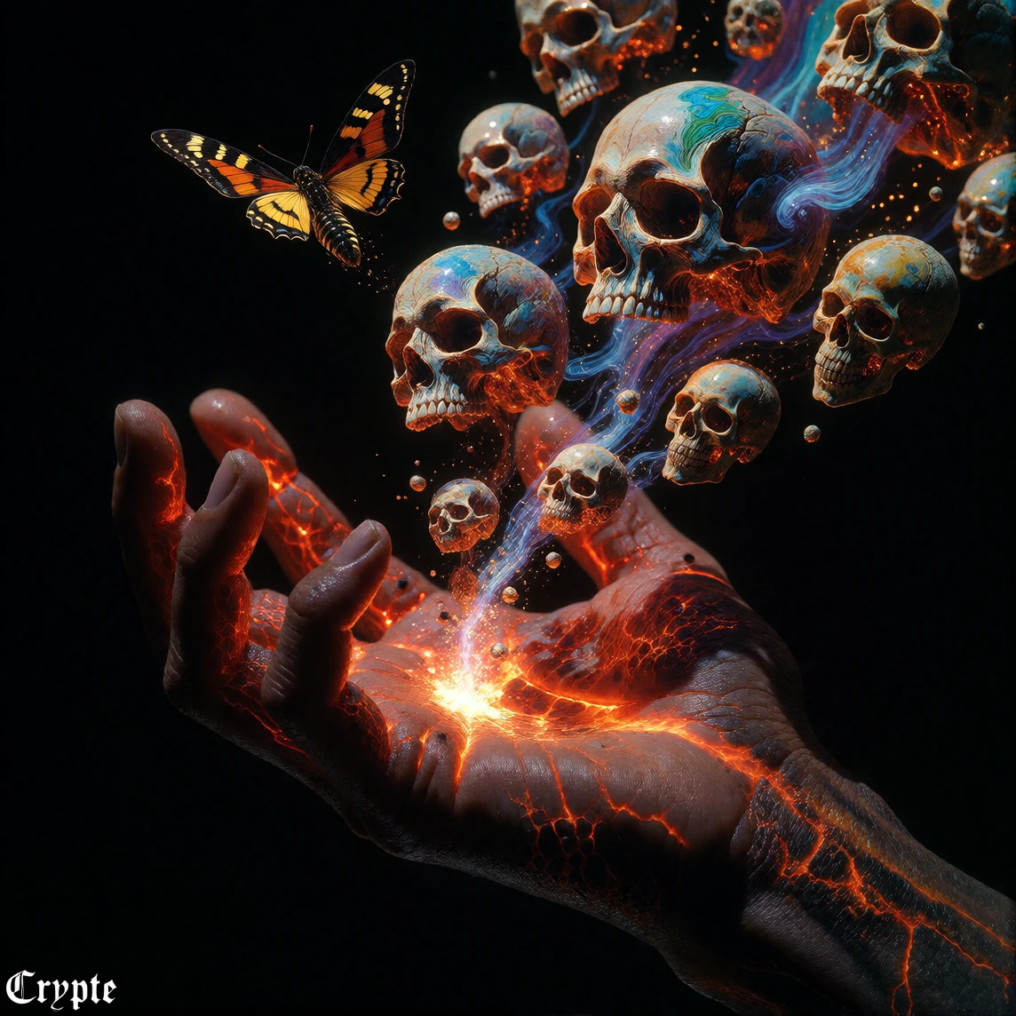 An ultra-realistic conceptual photograph, both dramatic and understated, set against a backdrop of pure, deep black emptiness. A solitary human hand, with dark skin, is positioned at the centre, its palm facing upwards and slightly cupped, giving the