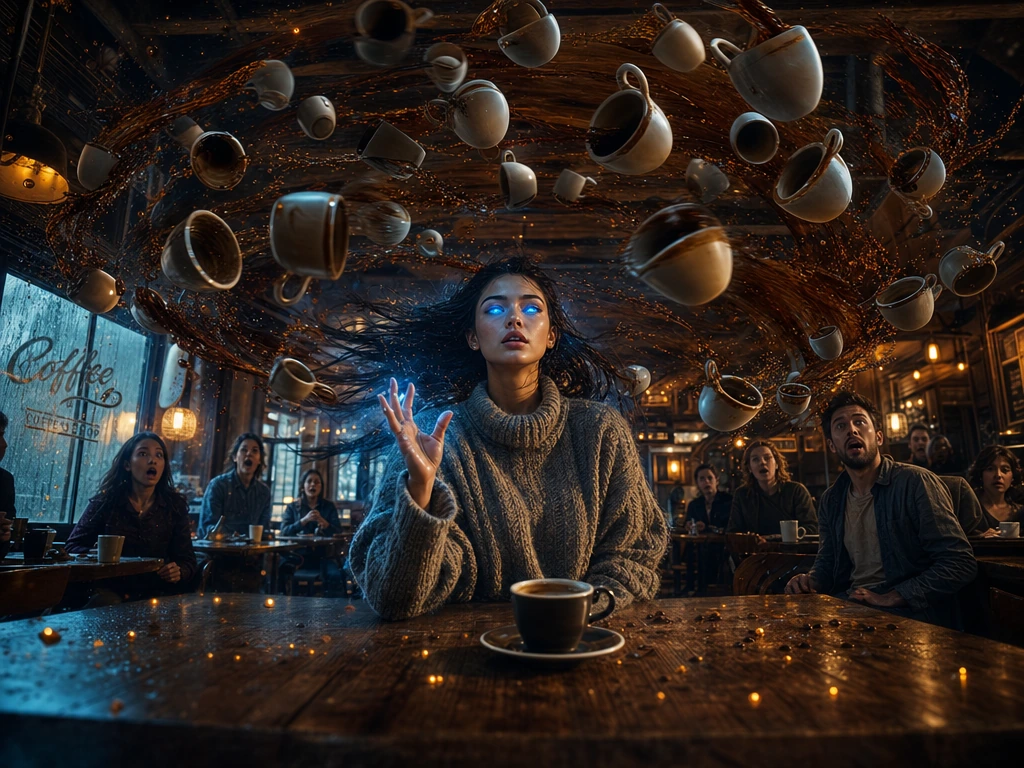 Capture a young woman sitting in a bustling coffee shop, her eyes glowing with an ethereal electric blue as dozens of ceramic coffee cups swirl dynamically around her in a breathtaking telekinetic vortex. She sits centered at a worn wooden café table