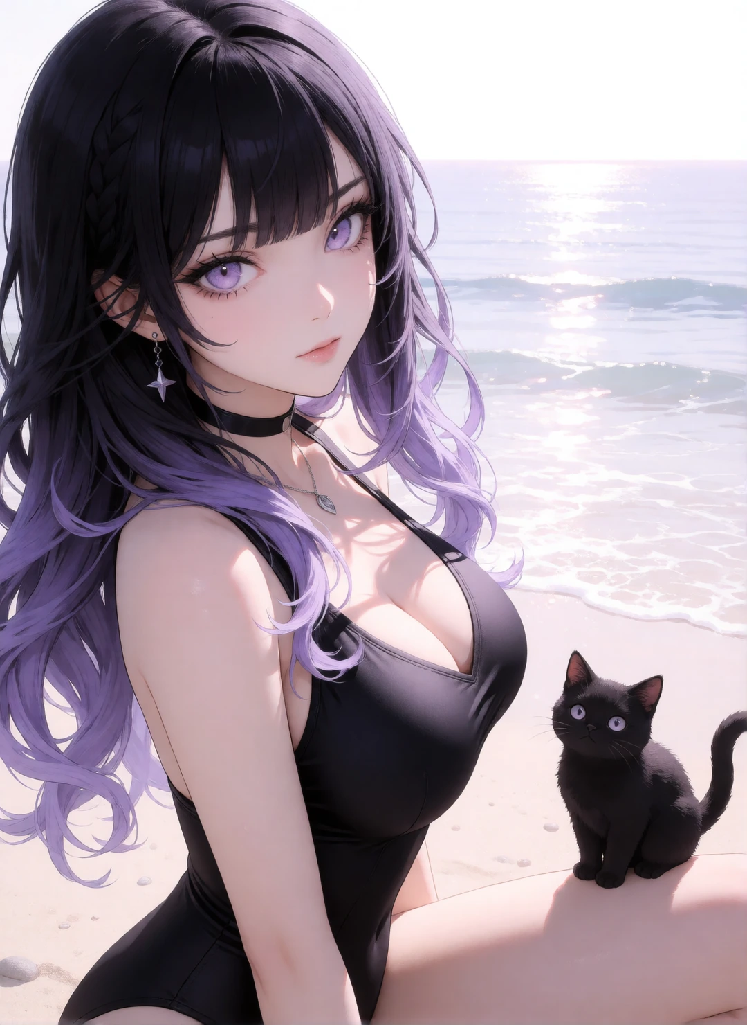 Woman, cat, lavender eyes, black lavender ombre hair, on the beach, black lavender ombre one piece swimsuit, cat nearby