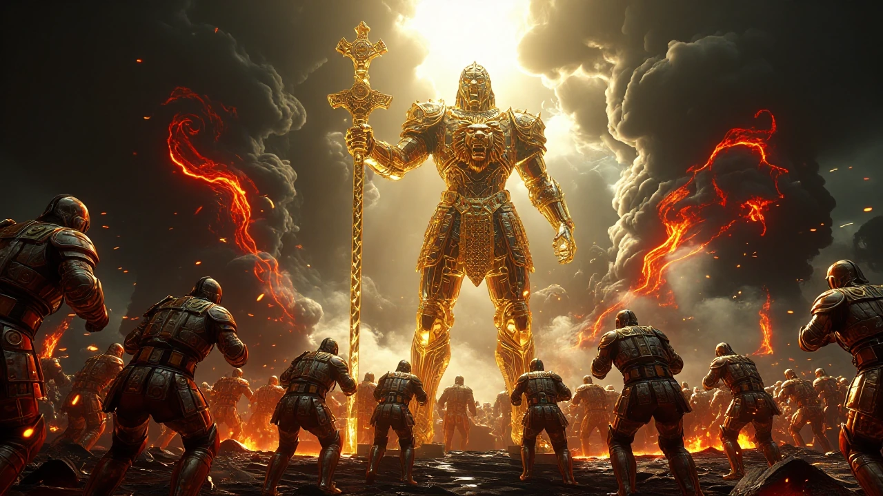 A towering giant clad in gleaming gold and crimson armour adorned with a roaring lion insignia stands defiantly against advancing legions of plate-cla