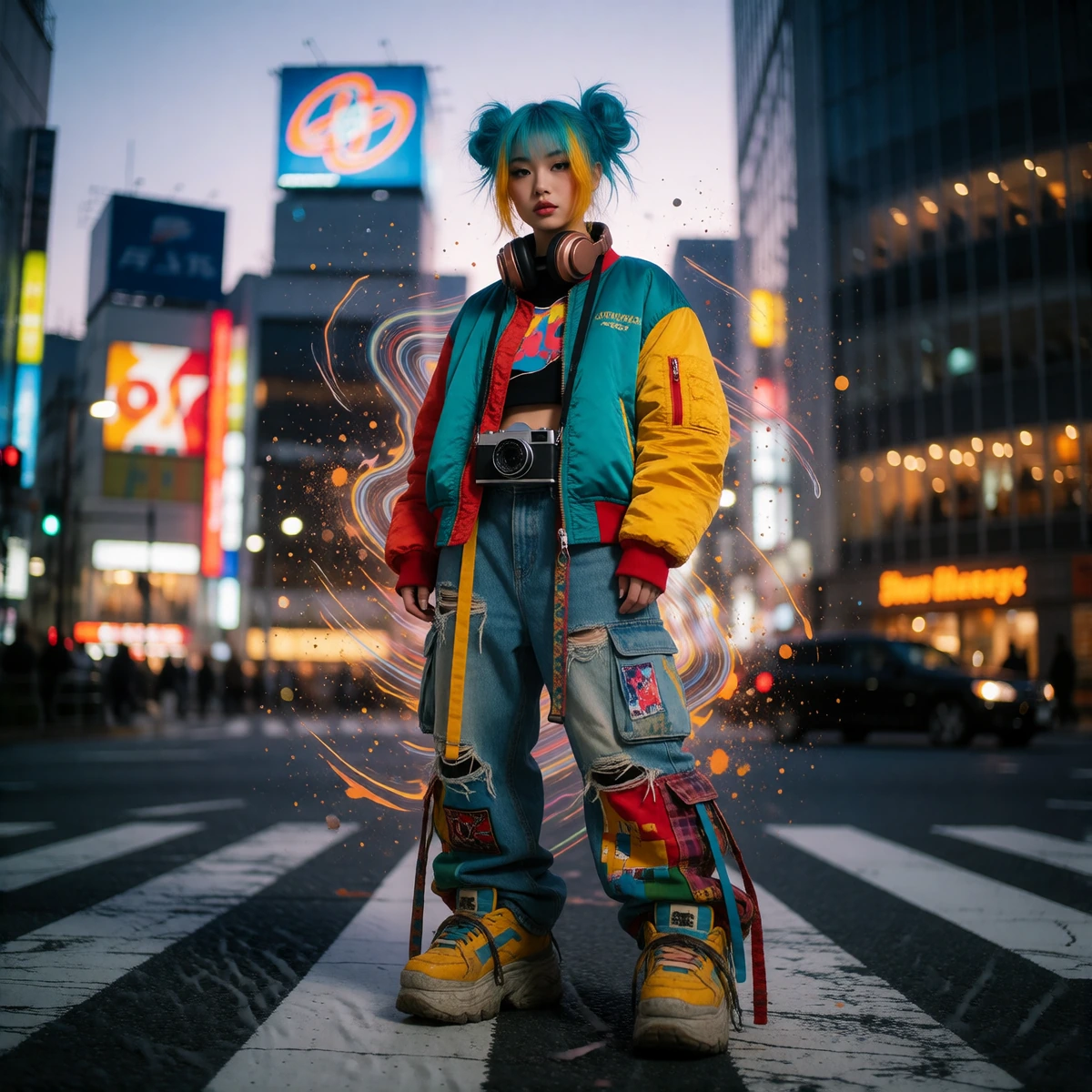 Full-body portrait of a young East Asian woman with a cool, confident expression, standing in the center of the Shibuya Crossing in Tokyo at dusk. Her