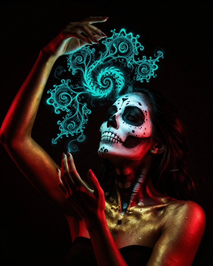 Woman's face painted as a skull in stark white and black, reaching upward with hands dissolving into teal fractal geometry that spirals and branches outward, chiaroscuro neon style with crimson and gold neon light cutting through deep shadow, the fra