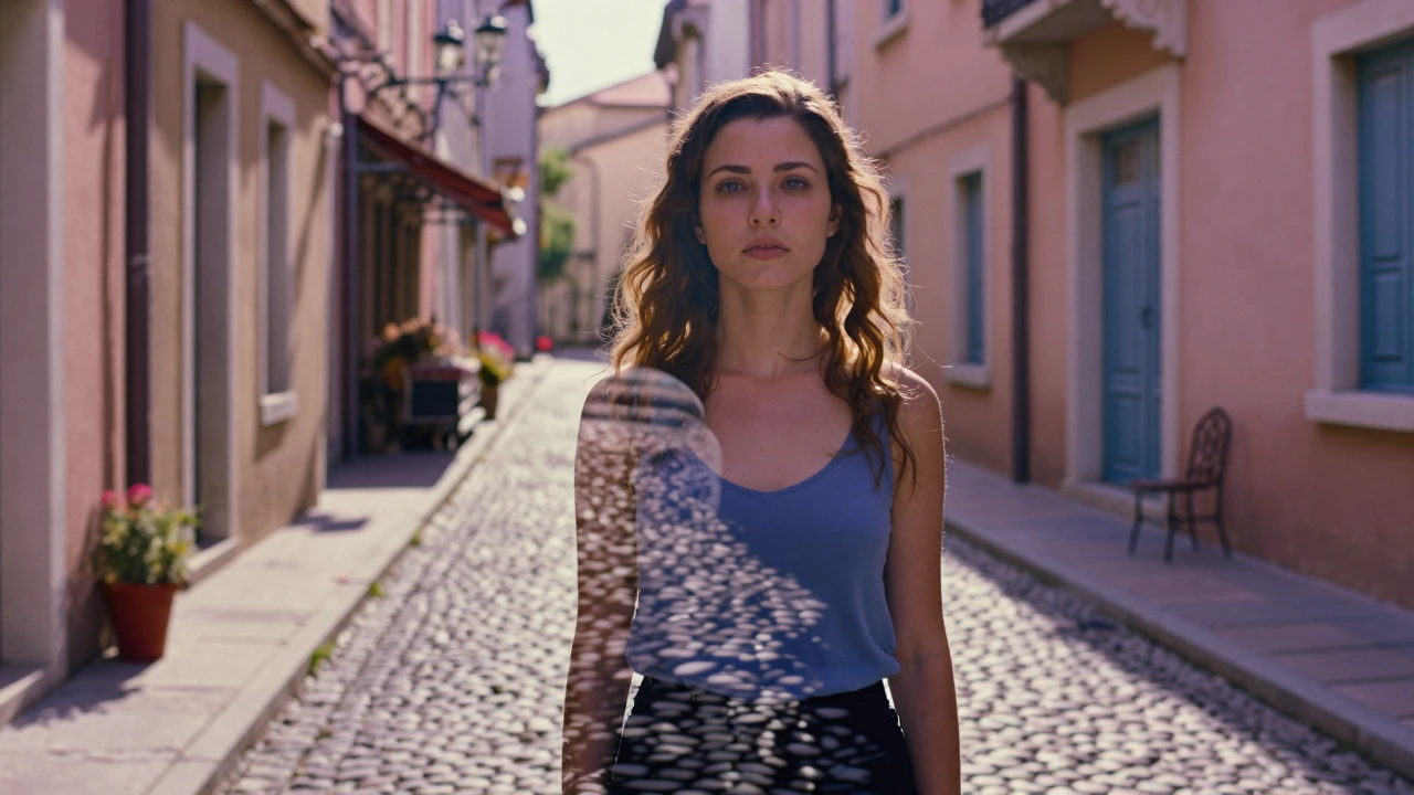 Capture a surreal double-exposure portrait of a young woman standing in a sun-drenched European cobblestone alley, her translucent silhouette layered 