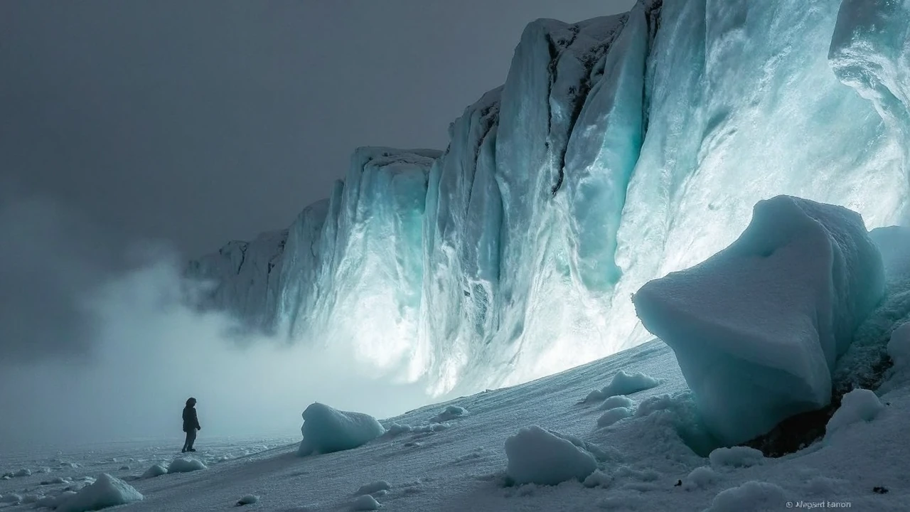 A glacier's spectral form rendered as luminescent ice—translucent and glowing from within with pale blue-white light—fragmenting and dissolving into mist at its edges, as if fading from existence. Shot in cool monochromatic tones with a single sideli