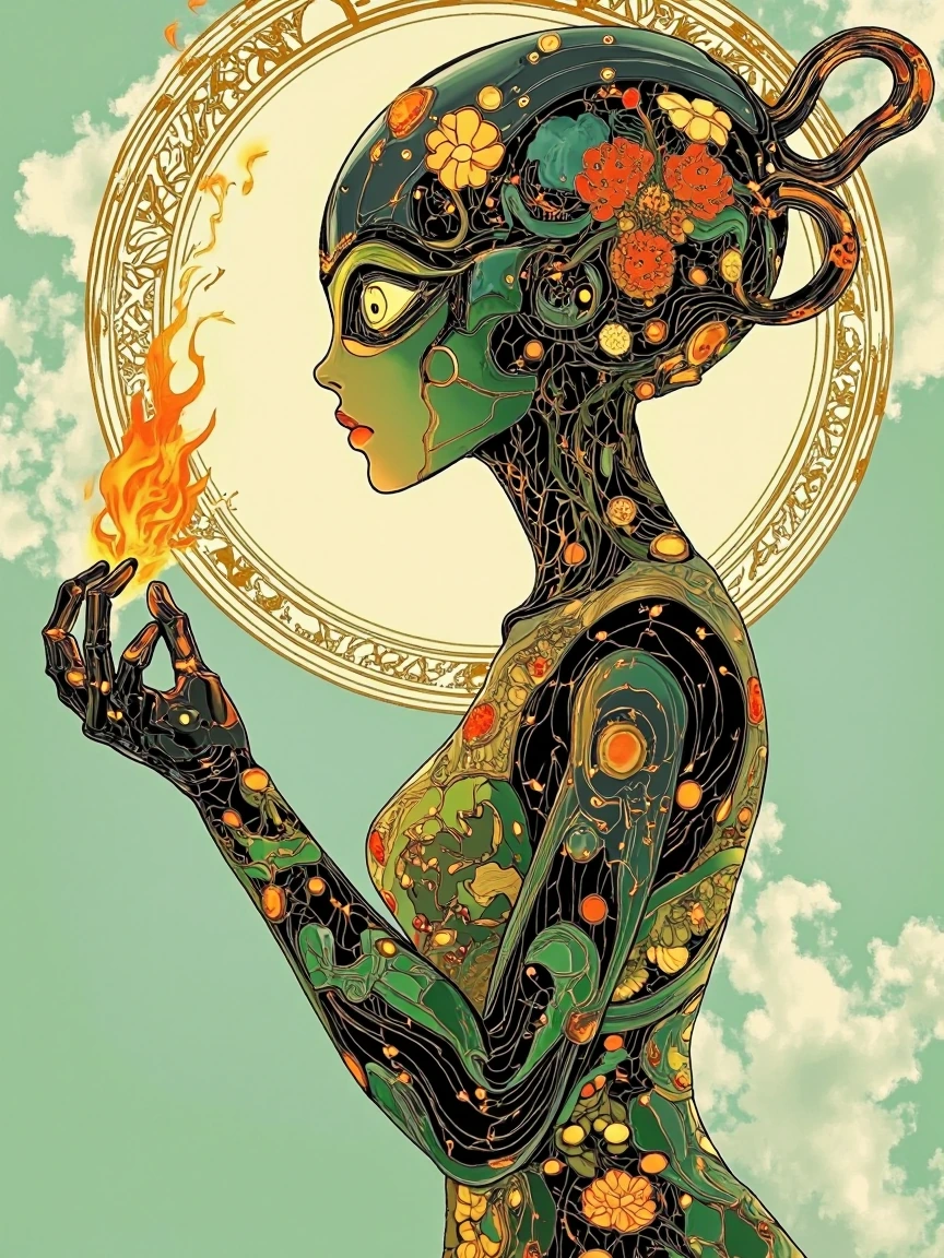 Art Nouveau android in profile, black steel and deep emerald body etched with gold whiplash curves and botanical filigree. Stained-glass eyes in layered jade, glowing softly. Bioluminescent green veins pulse beneath translucent panels. Elongated vine