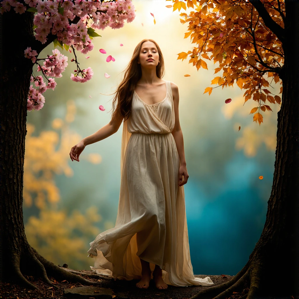 A serene figure stands at the intersection of seasons, spring blossoms cascading from one side into autumn leaves on the other, golden hour sunlight filtering through misty air, warm amber and cool cerulean tones blending softly, photorealistic with