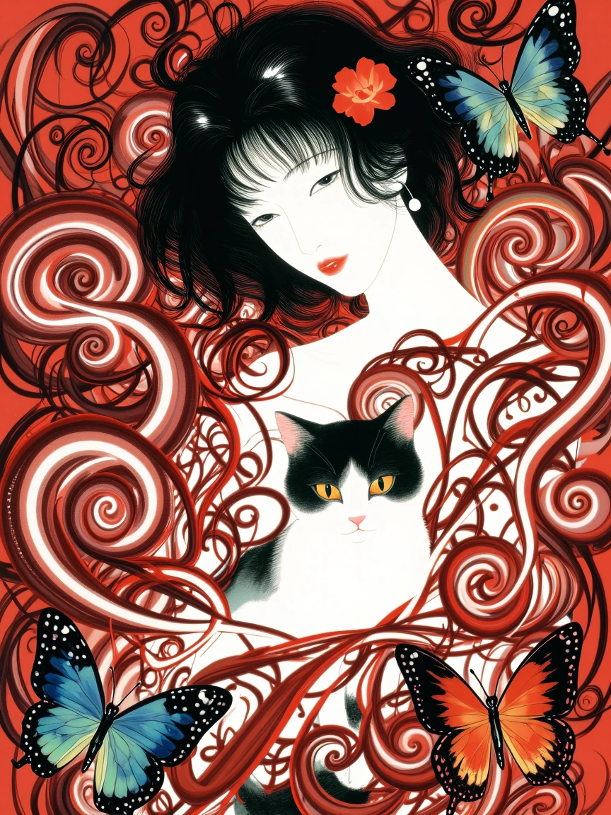 Beautiful Japanese artwork in style with bloods and swirls, colorful butterflies, surrounding a woman and a cat. They frame them beautifully.