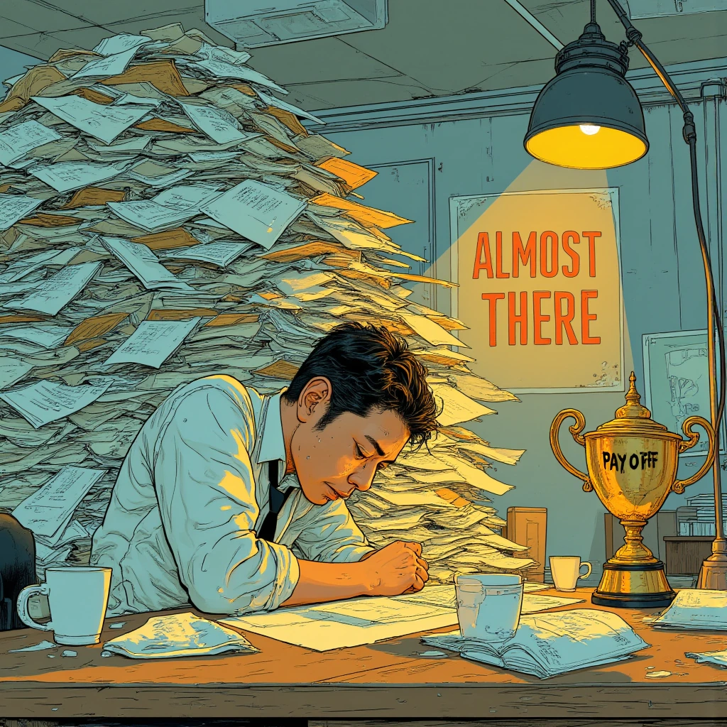 Capture a humorous still illustration of an exhausted but determined cartoon office worker hunched over a towering mountain of paperwork at a cluttered wooden desk, sweat droplets flying dramatically from their furrowed brow, sleeves rolled up, tie l