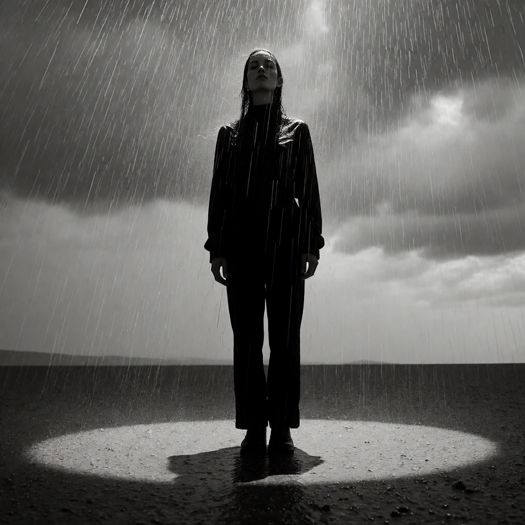 A woman standing motionless in the center of a violent downpour, rendered in cinematic black-and-white photography with high contrast. Rain falls in sheets all around her, but within a perfect circle of dry ground beneath her feet—perhaps ten feet in