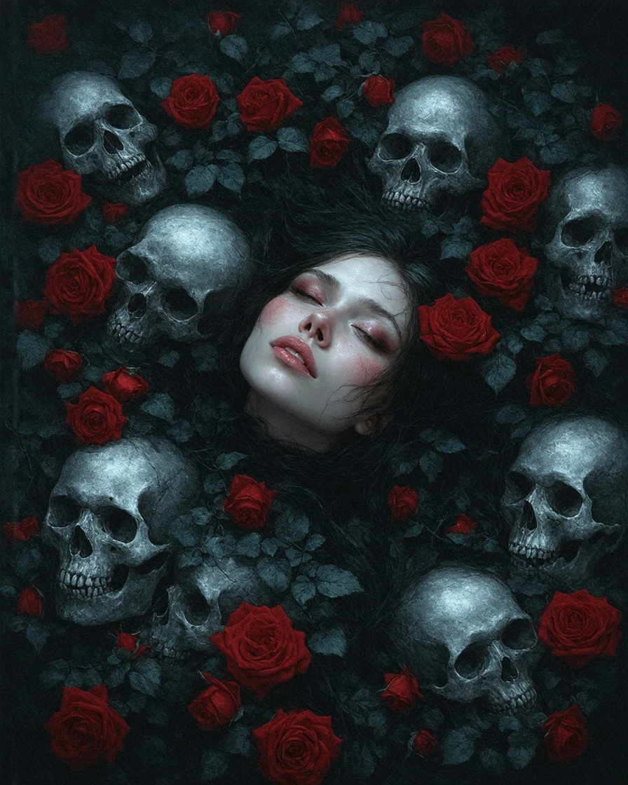 A hyper-realistic, dark fantasy digital painting featuring a pale, ethereal female figure in a reclining pose, surrounded by an abundance of metallic silver skulls and vibrant red roses. The woman has fair skin with subtle pink blush on her cheeks an