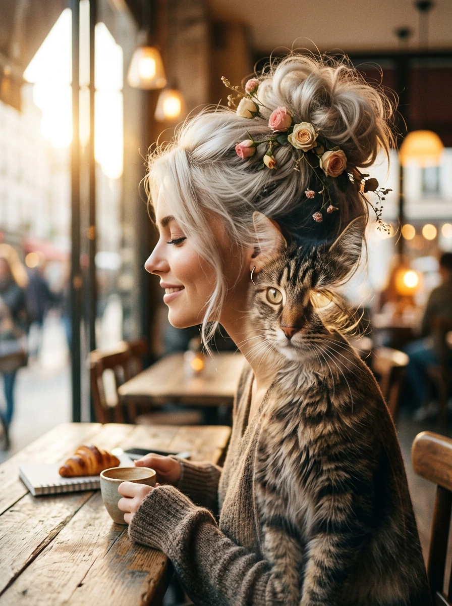 Double exposure style. Beautiful woman platinum messy bun hair with tiny roses,at a café at sunrise. The double exposure is a cat.