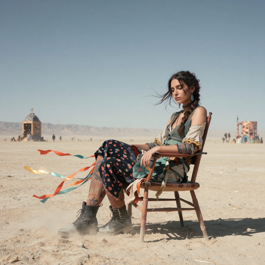 girl sitting in a broken lawn chair in a bright desert landscape burning man style, wearing flowing…
