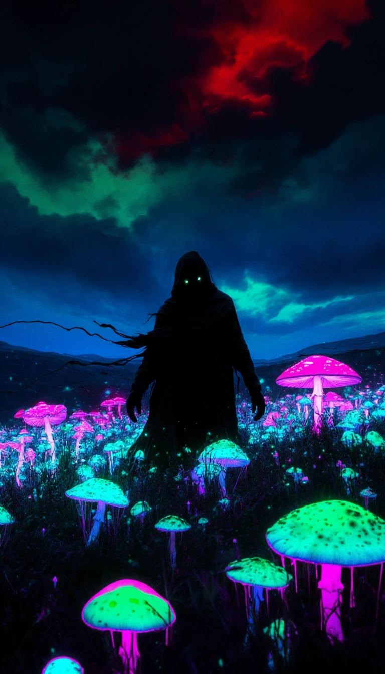 A terrifying, ghostly figure—dark and menacing, with arms in motion, a hood over its head and glowing eyes—stands in the middle of a vast field of psychedelic mushrooms in bright, bioluminescent colours. The mushrooms glow with intense neon shades of