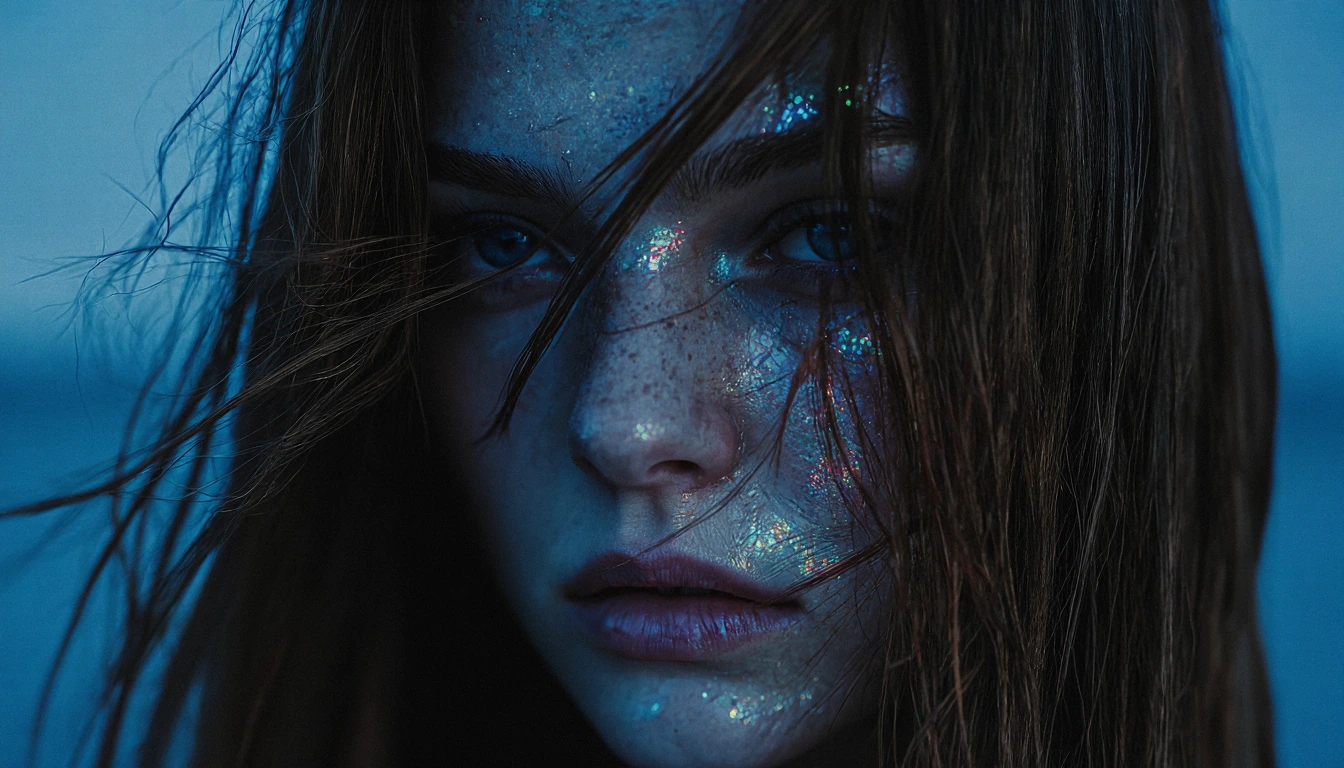 # Portrait in Blue A woman with striking auburn hair gazes intensely into the distance, her pale skin adorned with delicate freckles. Wind sweeps stra