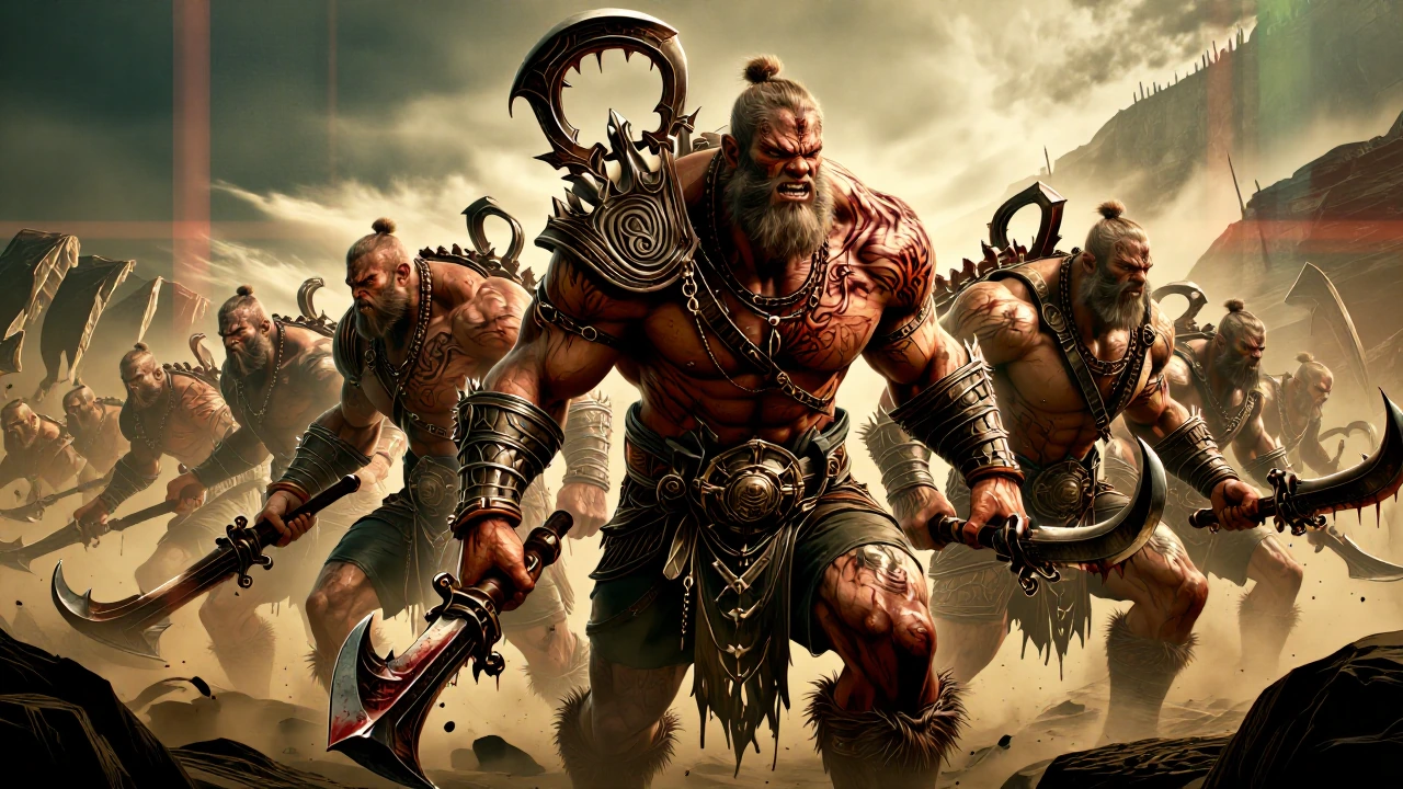 Horde of huge hyper-muscular barbarian warriors each mutated in varying ways, each bearing unique tattoos and scars, but all carry savage weapons dripping in the blood of their fallen foes as they advance across the battlefield allowing none to stand