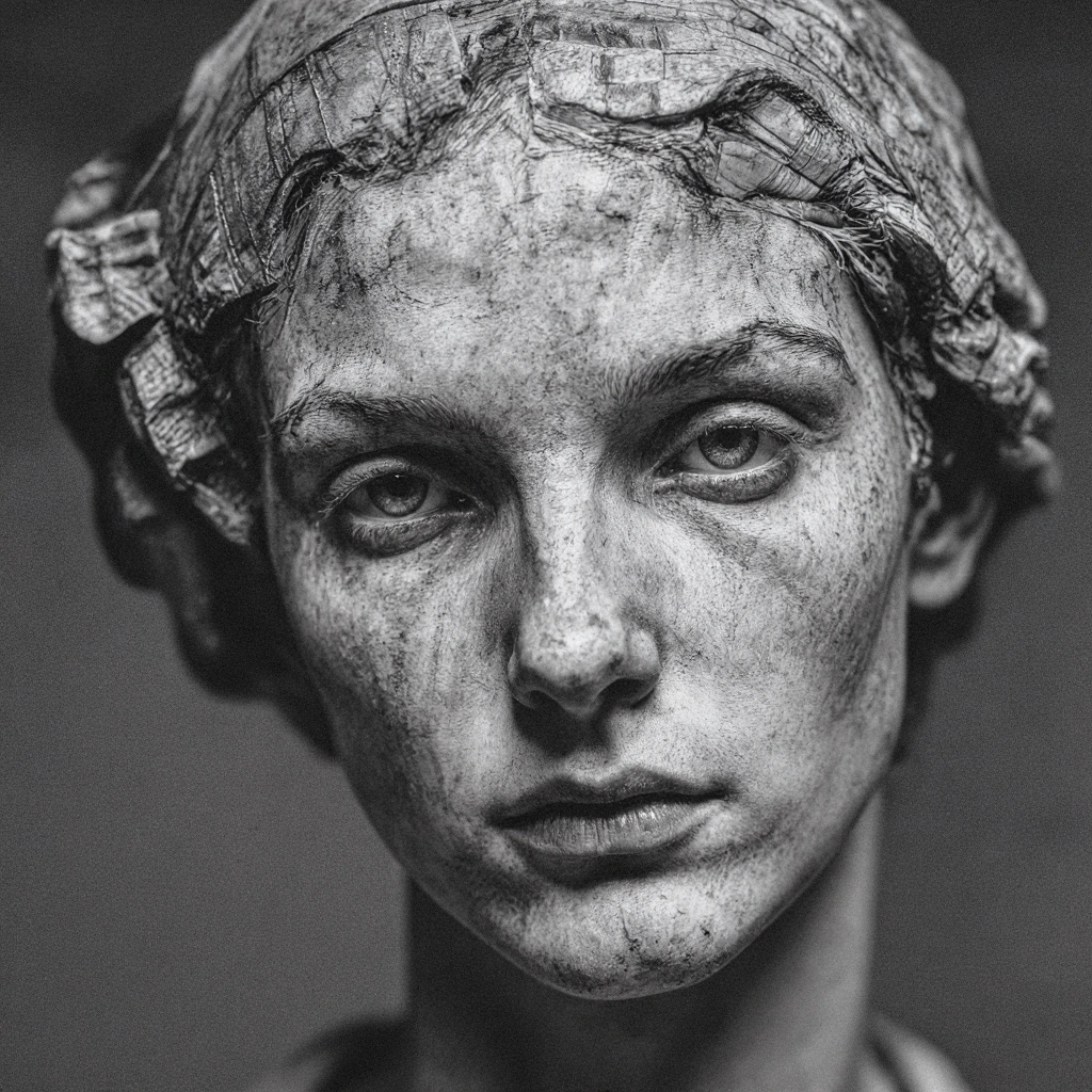 Charcoal and chalk drawing of a woman's face with idealized proportions, strong bone structure, and contemplative gaze, rendered with masterful shading and anatomical precision reminiscent of Michelangelo's figure studies