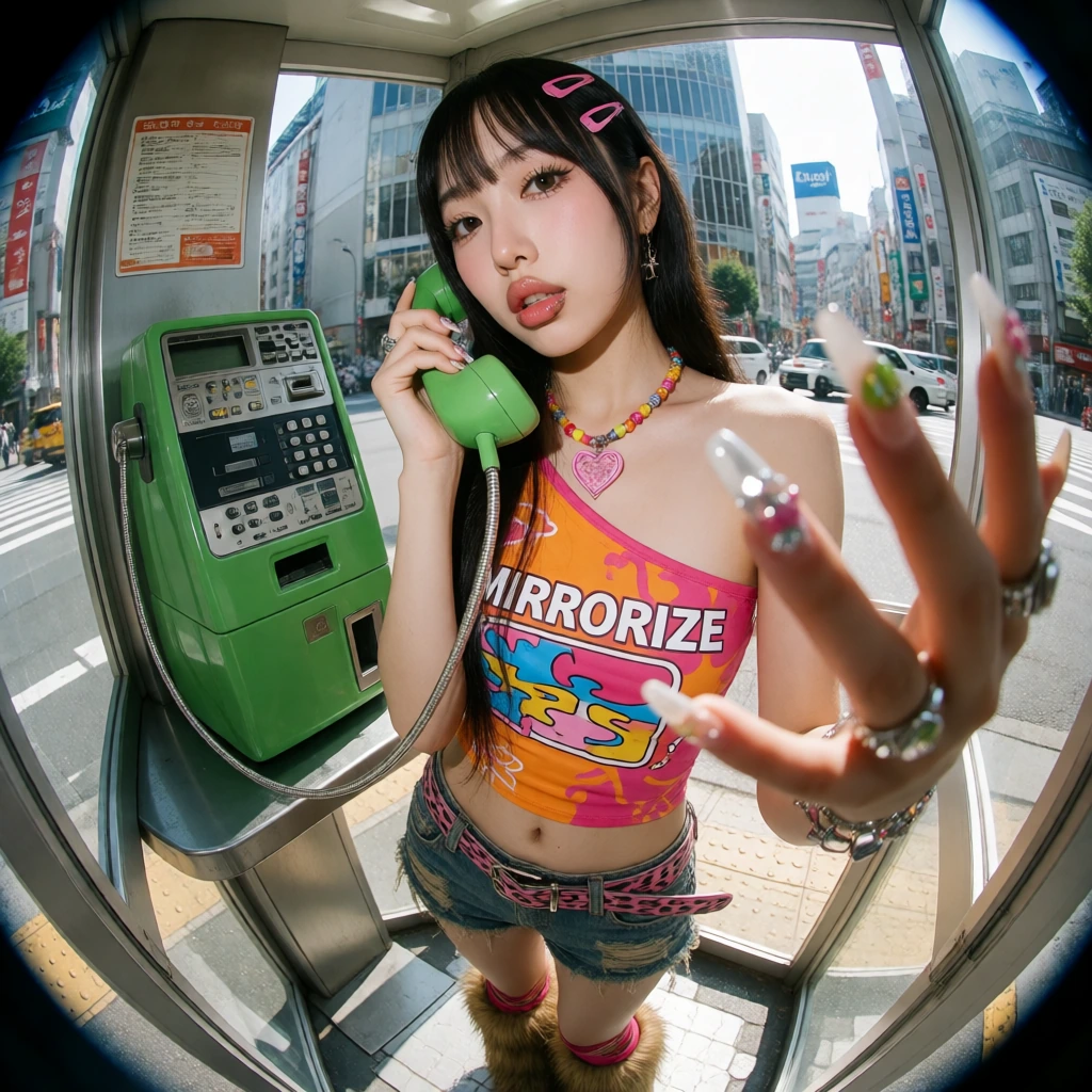 A dynamic, close-up fisheye lens portrait of a beautiful young East Asian woman with a vibrant Gyaru and Y2K aesthetic inside a glass telephone booth on a sunny Tokyo street. She has long dark hair with pink hair clips, prominent lip liner, and is ho