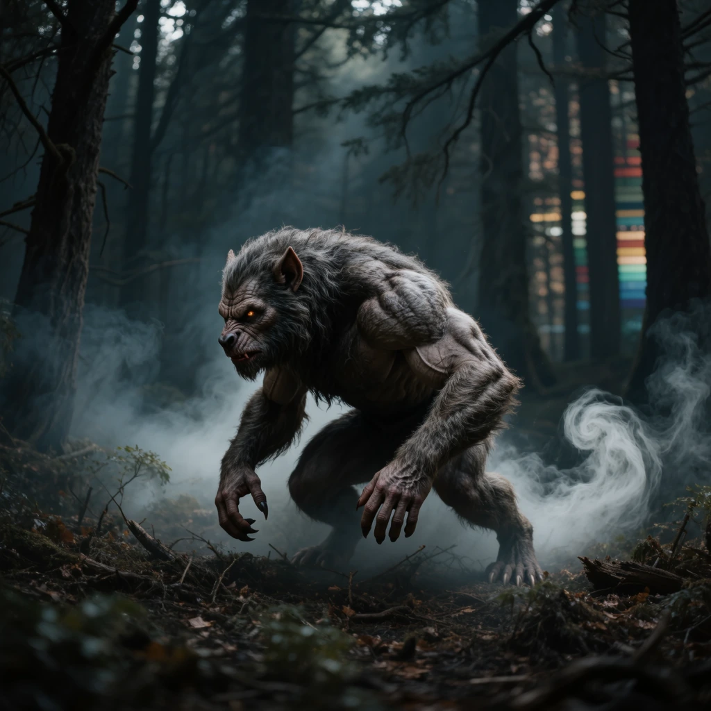 Hyper-Muscular Werewolf lurking in the forest clearing, mist curling around the ground.