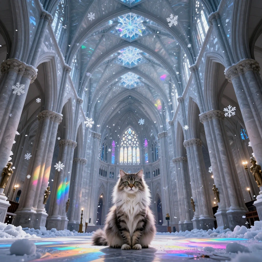 Wide-angle view of a majestic fluffy cat sitting at the center of a grand cathedral interior with towering vaulted ceilings of interlocking ice crystals, snowflakes frozen mid-fall throughout the air displaying rainbow holograms, ultraviolet light ca