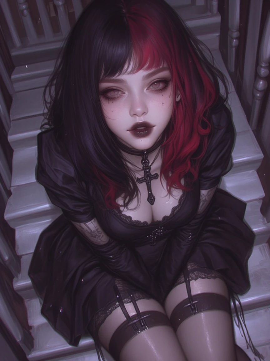 Goth girl with two-tone black and red hair. Short wavy hair. Black lace dress and black choker on her neck. Blackwork tattoo on her arm and black pend