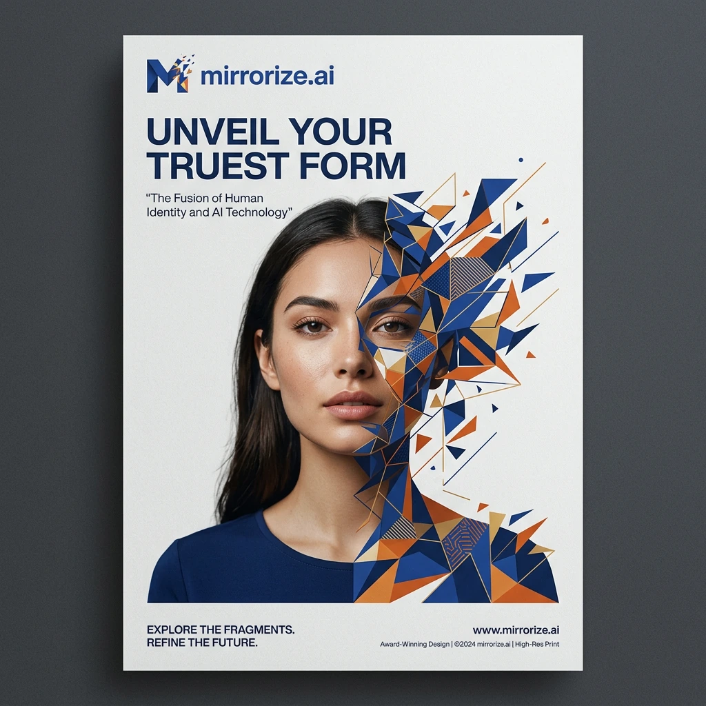 A high-end editorial poster for the brand mirrorize.ai featuring a surreal fusion of vector art and photography, a female portrait partially fragmented into geometric vector shapes, seamlessly blending into the photo. Clean Swiss design layout with s