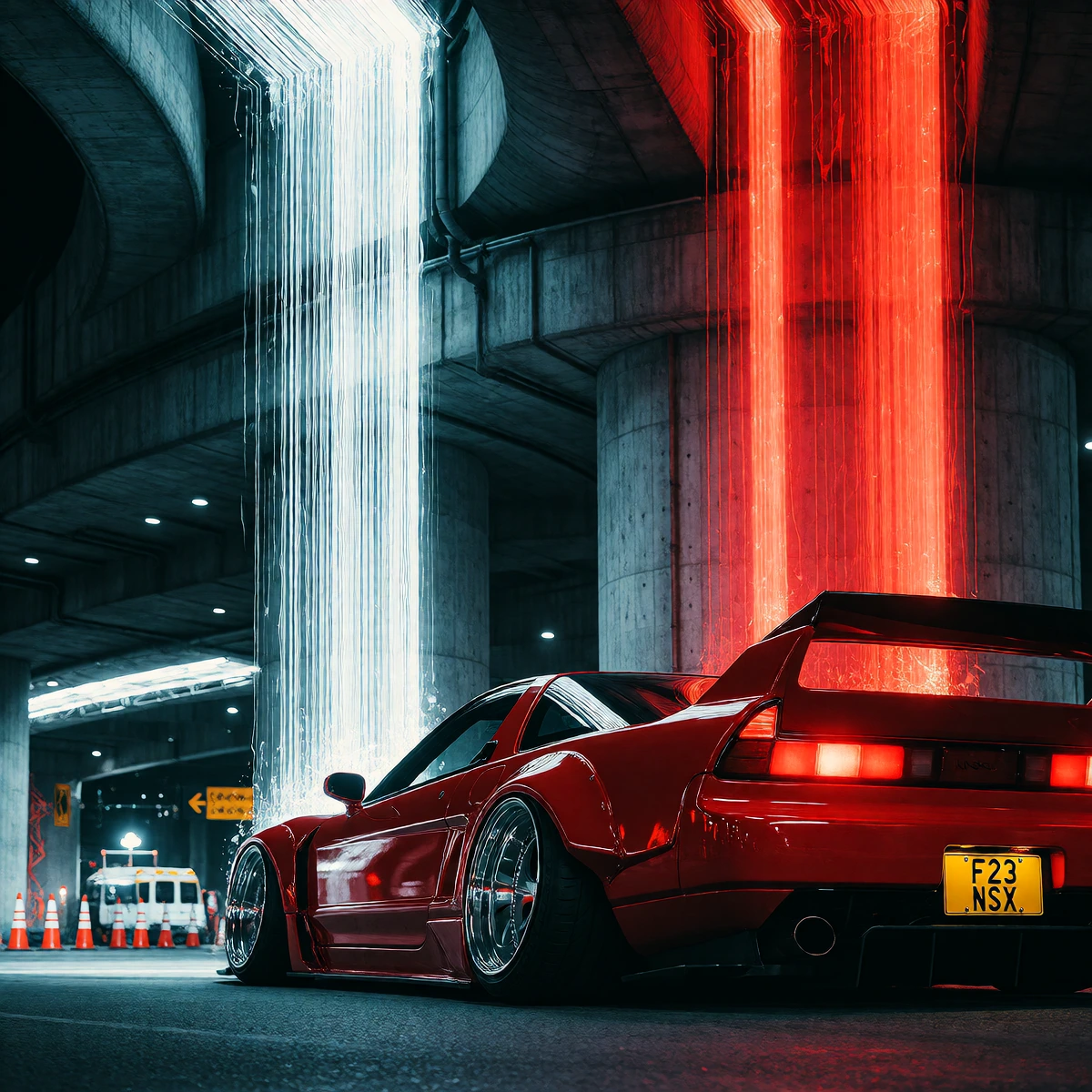 { "high_level_description": "An ultra-detailed cinematic photograph of a custom red widebody first-generation Honda NSX parked in a modern brutalist concrete underpass at night. The scene is bisected by a dramatic long-exposure visual effect, featuri