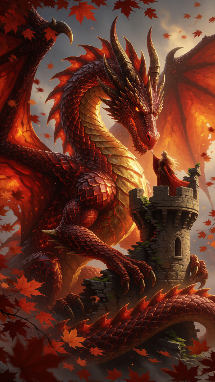 A majestic and terrifyingly beautiful Dragon of Autumn, coiled around a ruined castle tower. Its scales are a mesmerizing mosaic of deep crimson, burn