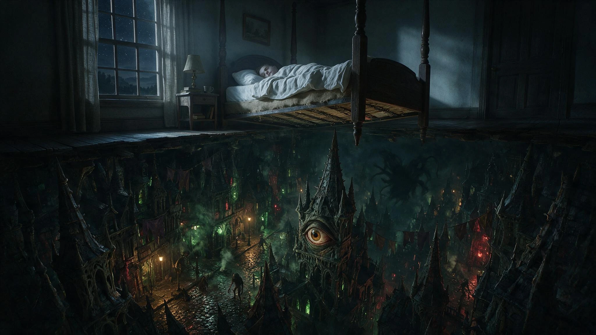 Capture a dramatic cross-section view of a bed at night, splitting reality between the innocent sleeping world above and a sprawling nightmare cityscape hidden beneath. A pale, sleeping figure rests peacefully on rumpled white sheets, face serene, ba