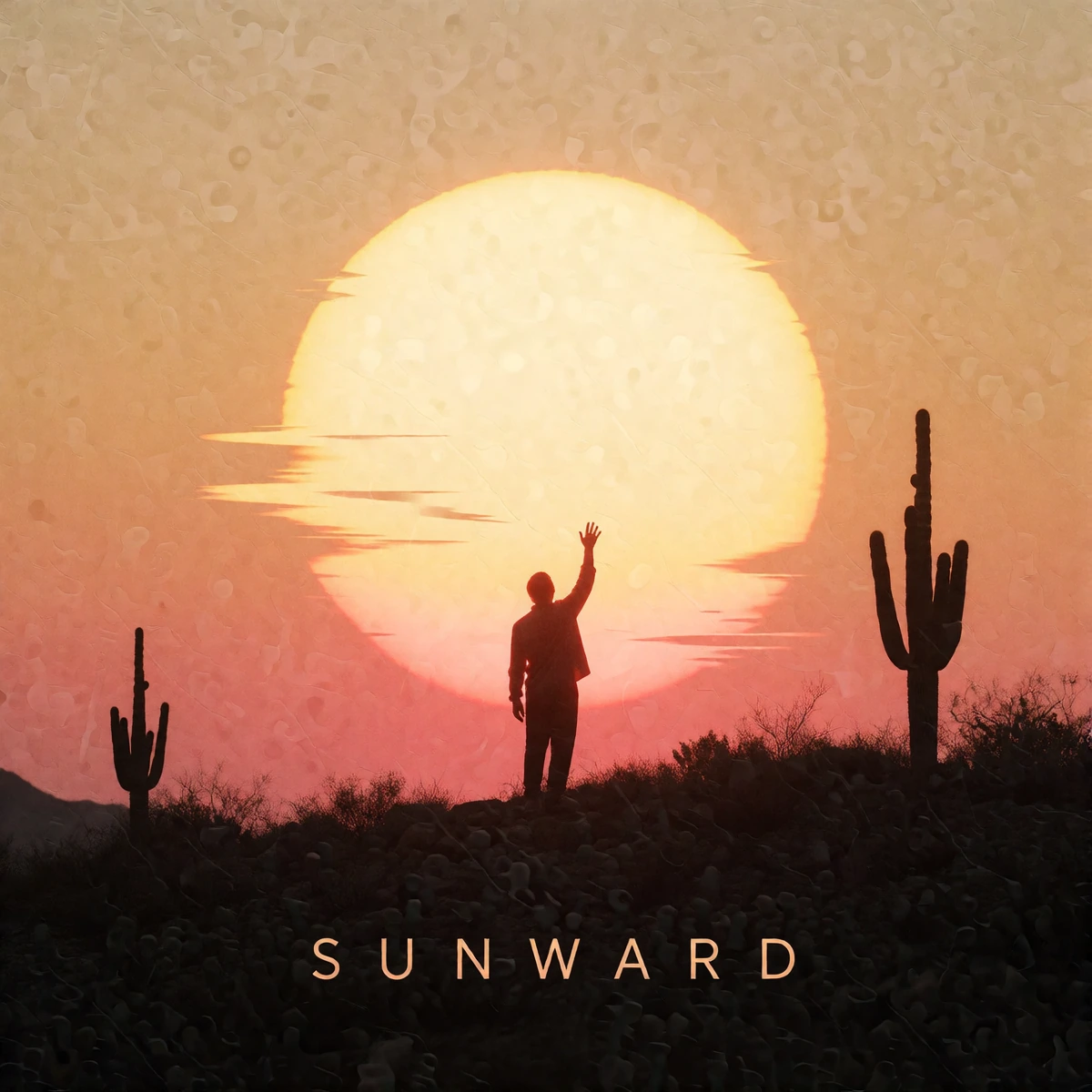 Minimalist album cover art, lone silhouetted figure standing on a desert ridge reaching toward a massive glowing sun, golden hour gradient sky shifting from deep amber to soft coral pink, sun rendered as a perfect geometric circle with subtle digital