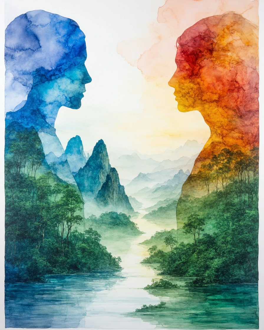 A stunning watercolor painting with a symmetrical, harmonious composition: two large abstract human-like figures framing the scene on the far left and far right, their bodies subtly dissolving into the environment; left figure in vivid blues and gree
