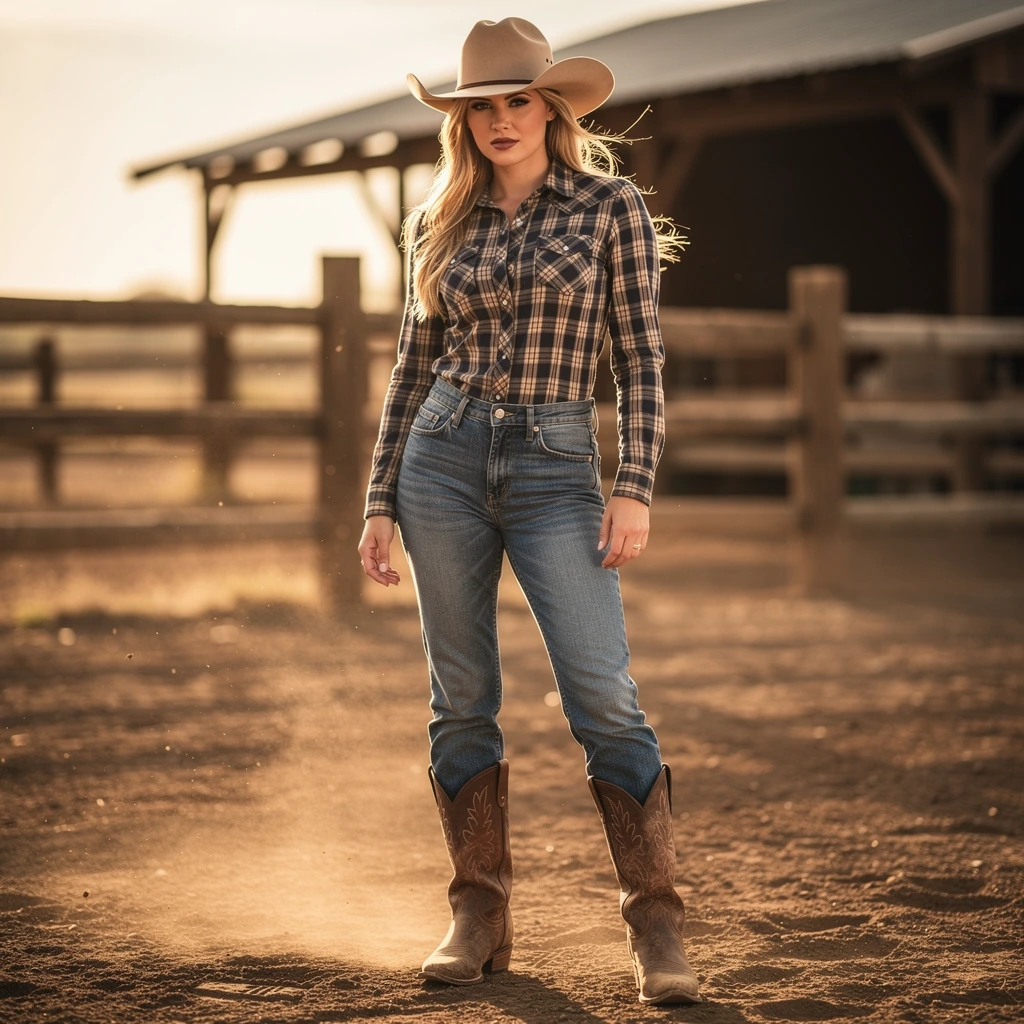 A blond cowgirl with her shirt skin tight