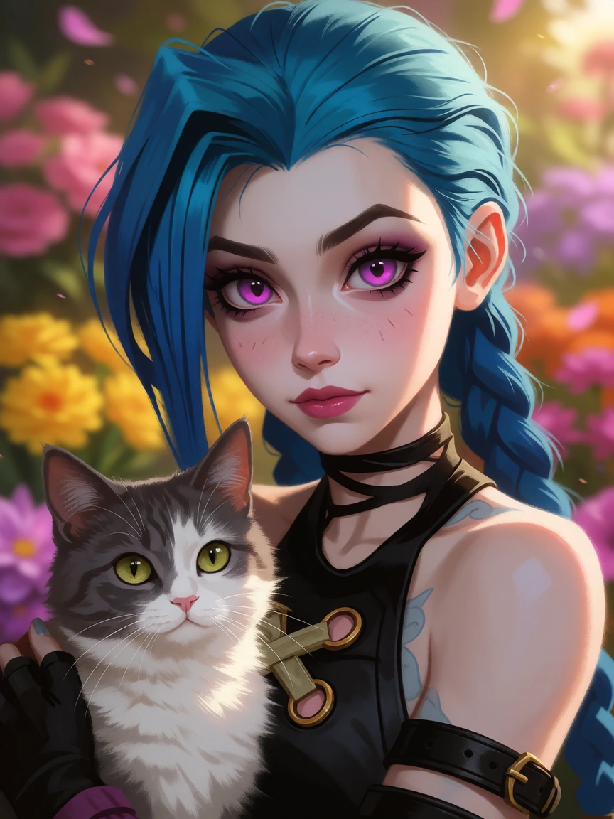 photorealistic pastel Closeup Gorgeous Jinx and her cat at a flower show.