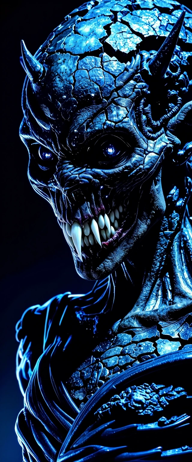 The primeval Arch-Demon's obsidian skin is cracked and glistening like wet volcanic rock, tightly pulled over a gaunt skull structure. Its hollow, lightless eyes are an absolute void, reflecting ancient, burning awareness, fixed directly on the viewe