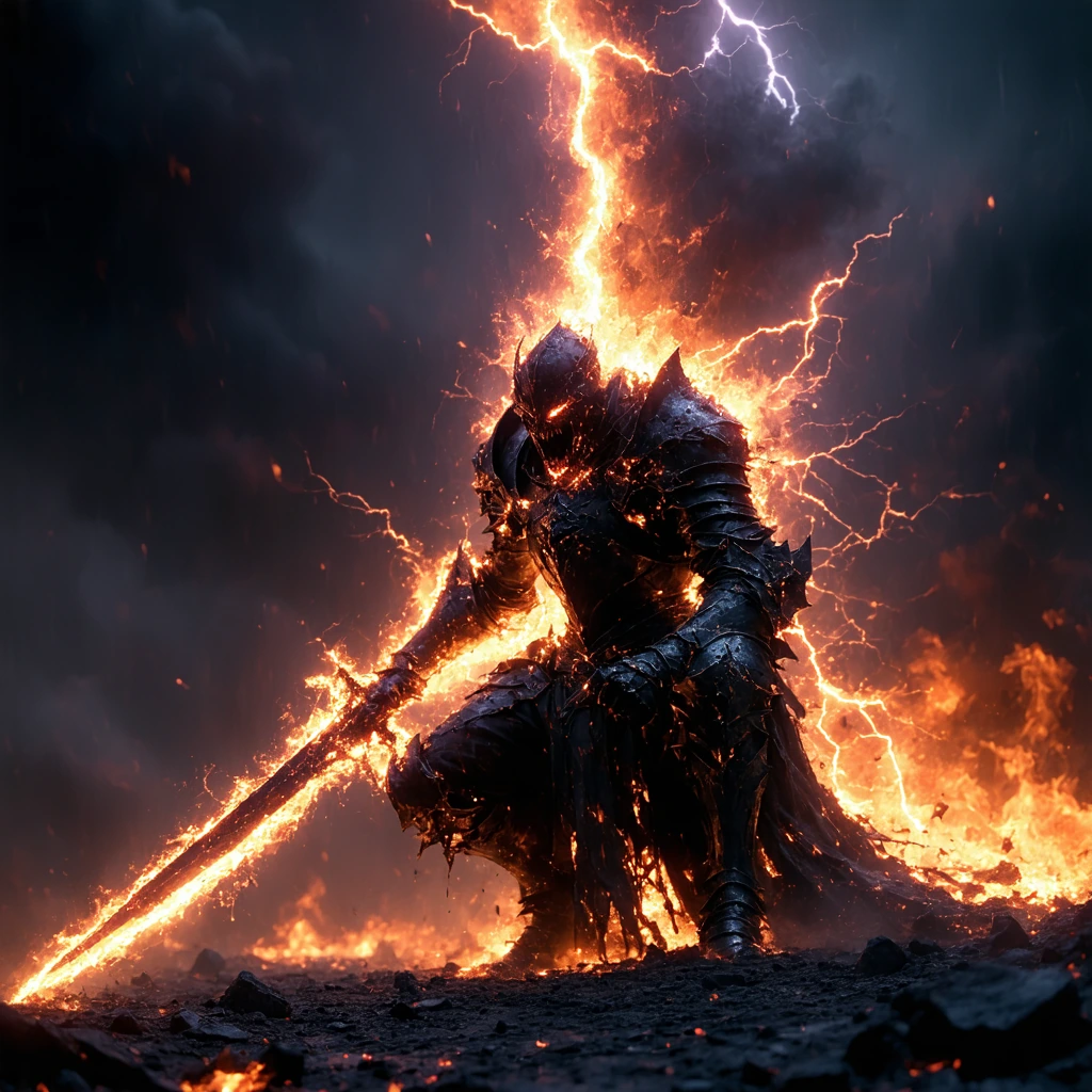 A demonic knight in blackened armour kneeling before a storm-dark sky, mouth open mid-oath in a snarl, the moment of divine retribution frozen mid-str