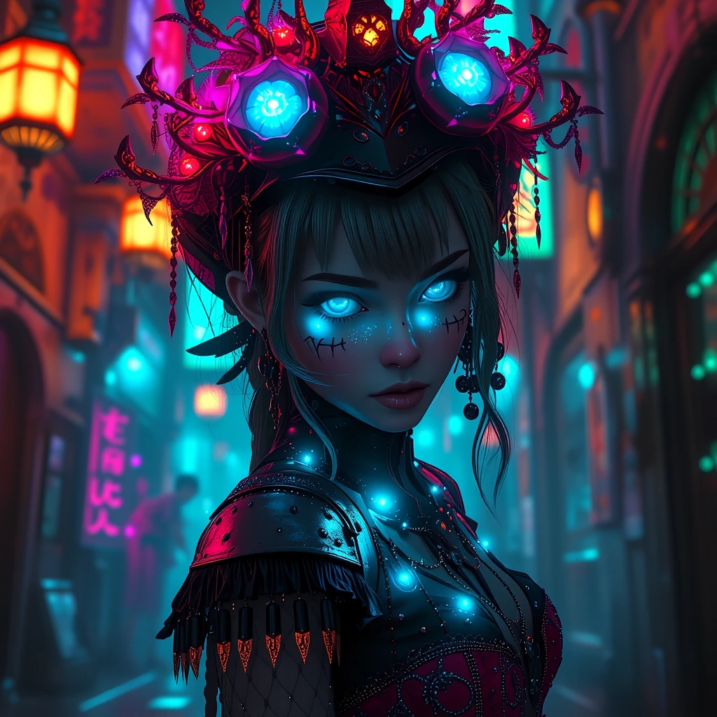 Porcelain anime girl, glowing cyan eyes, gothic Victorian dress, neon-lit rain-slicked streets, film noir shadows, melancholic and ethereal