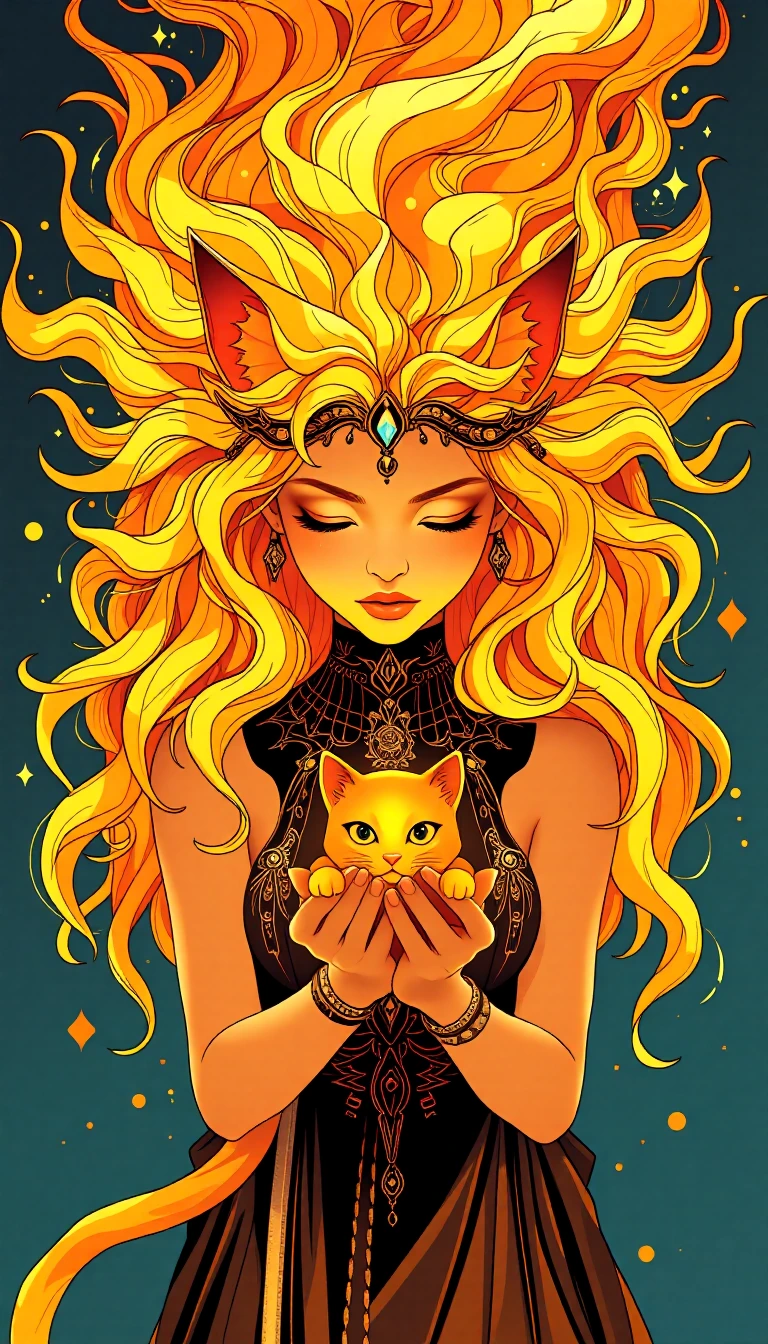Beautiful sun goddess, hair made out of the sun, yellow, orange, highlights, with a cat made out of the sun,