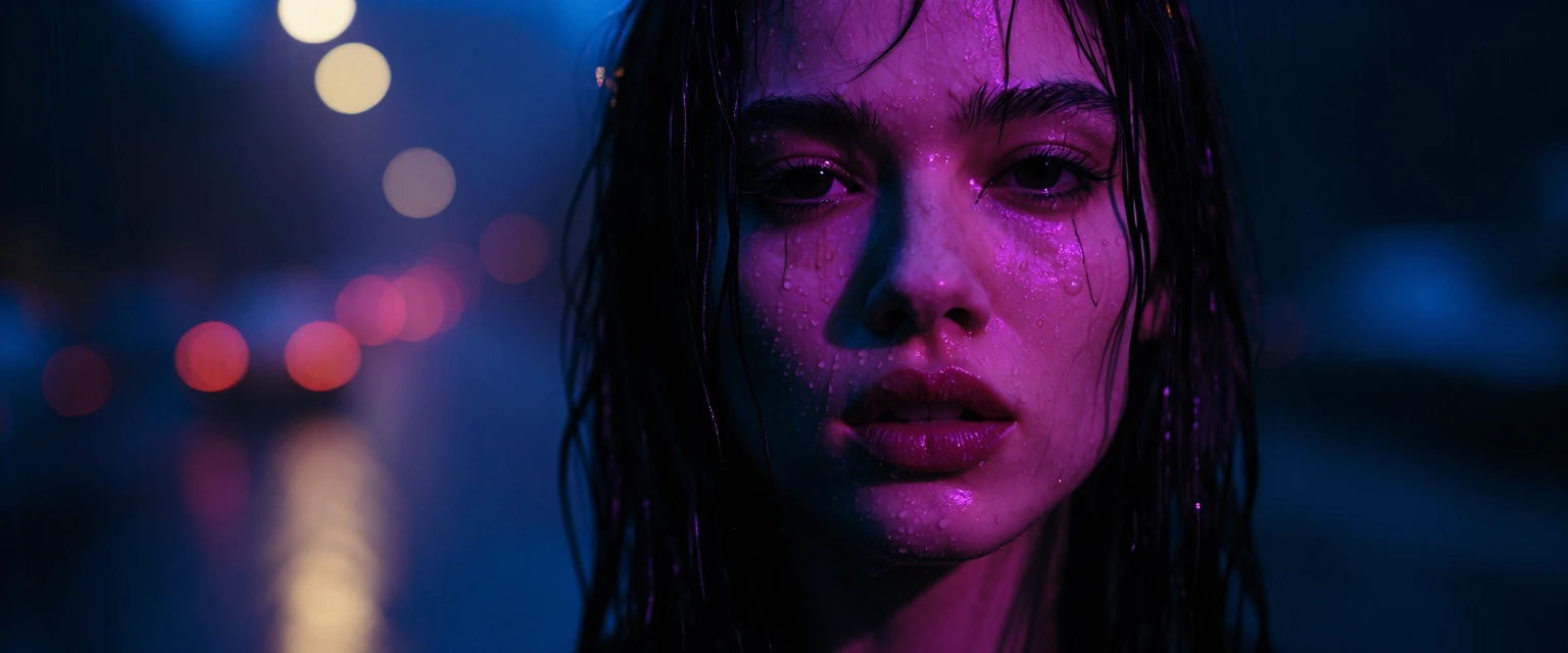 Capture a dramatic close-up portrait of a female singer with dark, wet hair plastered against her face, standing in heavy rain at night. Raindrops streak across her skin, catching the only light source — a cold, flickering neon glow from off-frame ca