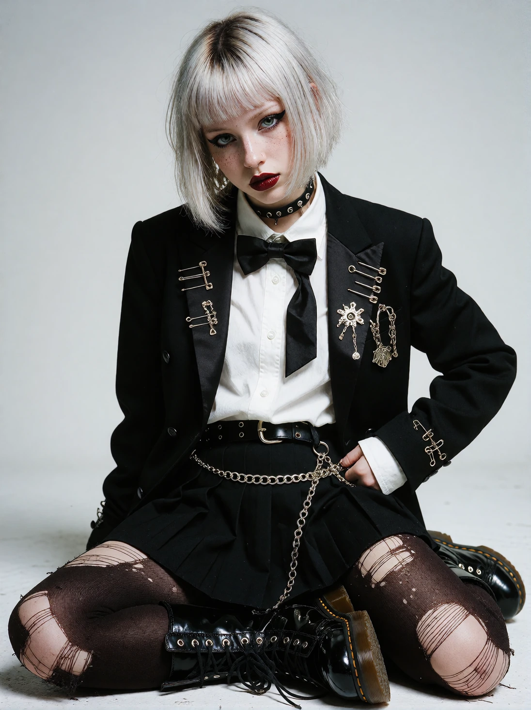A 26-year-old woman with a sleek asymmetric platinum-blonde bob with dark roots, striking dark red lipstick, winged black eyeliner, no tattoos. She wears a punk-style black tuxedo jacket with silver safety pins on the lapels, a white dress shirt with