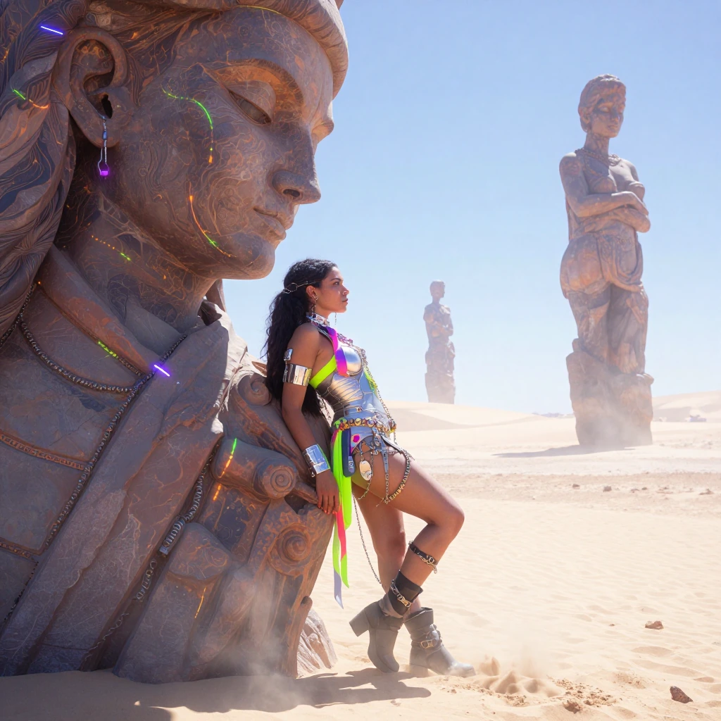 girl leaning against a massive sculptural art installation in a vast bright desert, wearing tech fashion layered with ribbons, chains, harnesses and metallic pieces in neon colors, dust and heat shimmer around her, other installations dotting the hor