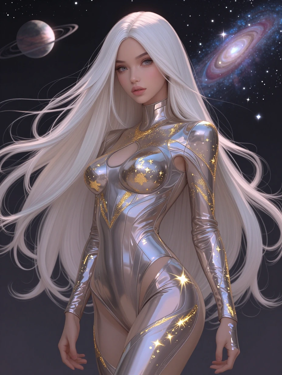 Beautiful woman, long platinum luminous hair, in a sleek, futuristic jumpsuit, with a cat, galaxy and stars, gold specks, iridescent, sparkles, otherw