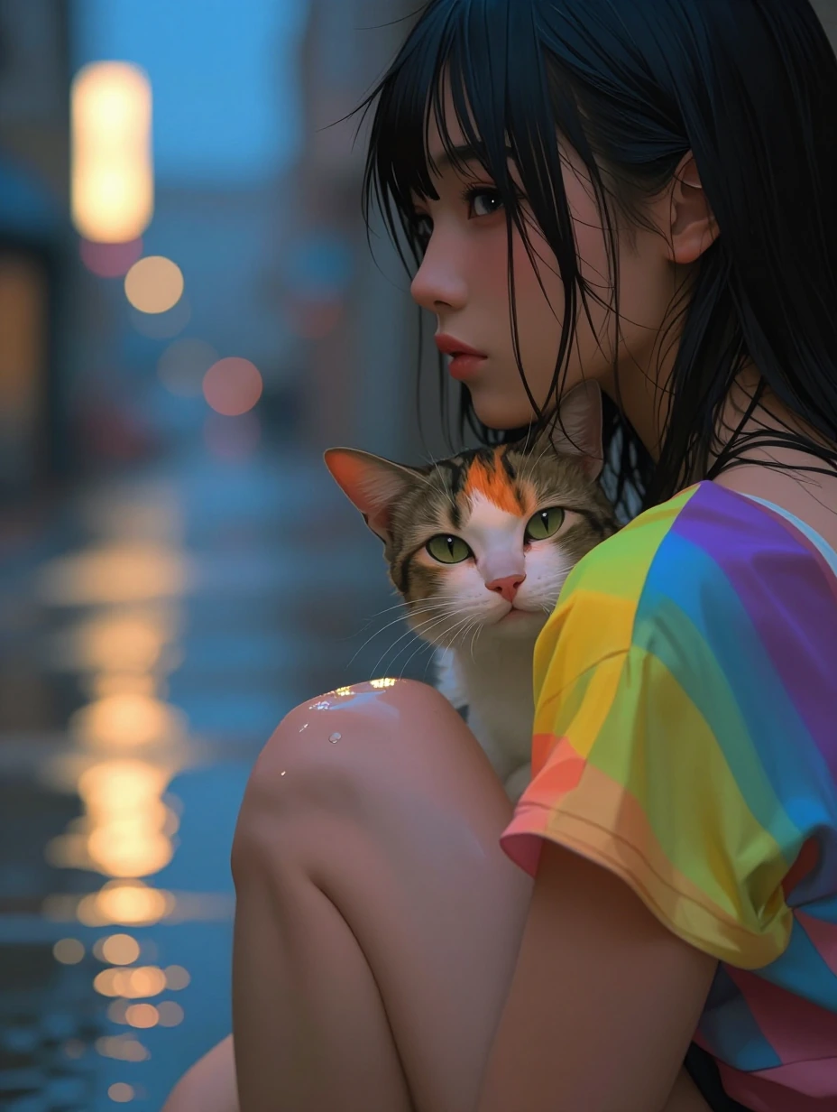 Closeup Rainbow colors, woman, cat, rainy night