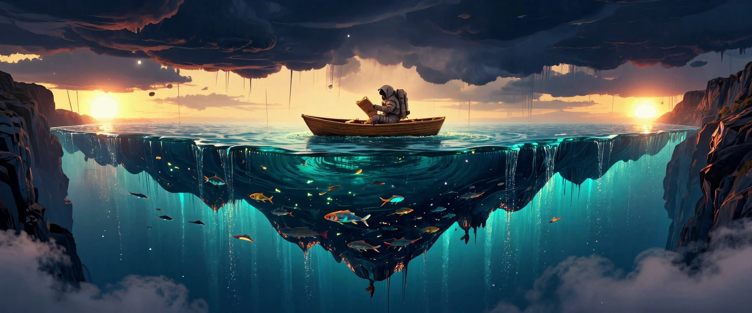 Capture a surreal still image of a vast crystalline lake suspended vertically in mid-air like a living mirror, its water defying gravity as it hangs between two cliffs at impossible angles. Schools of luminous deep-sea fish drift lazily through the a