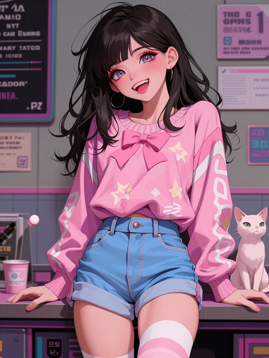 an illustration of an extremely beautiful female high school student with a cat, in the style of 80s anime. she wears a pink sweater with a bow and blue shorts, and is laughing mischievously, the illustration features neon pastel patterns, a cyberpun