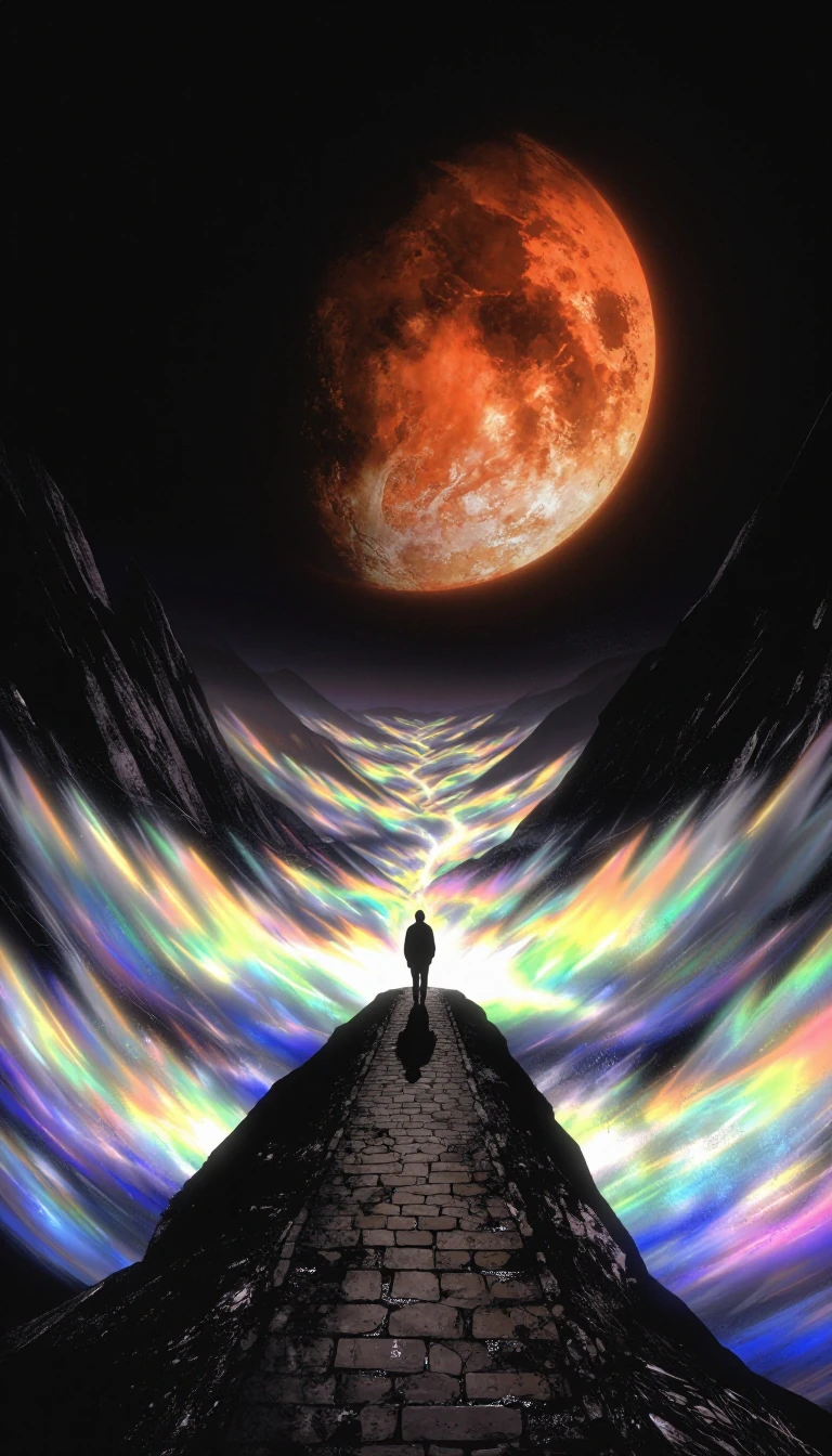 A detailed photo of a solitary figure walking on a winding, cobbled path that disappears into a spectacular valley of glowing, ethereal clouds. The path begins at the edge of a rugged, rocky precipice in the foreground. Looming in the dark, cosmic sk