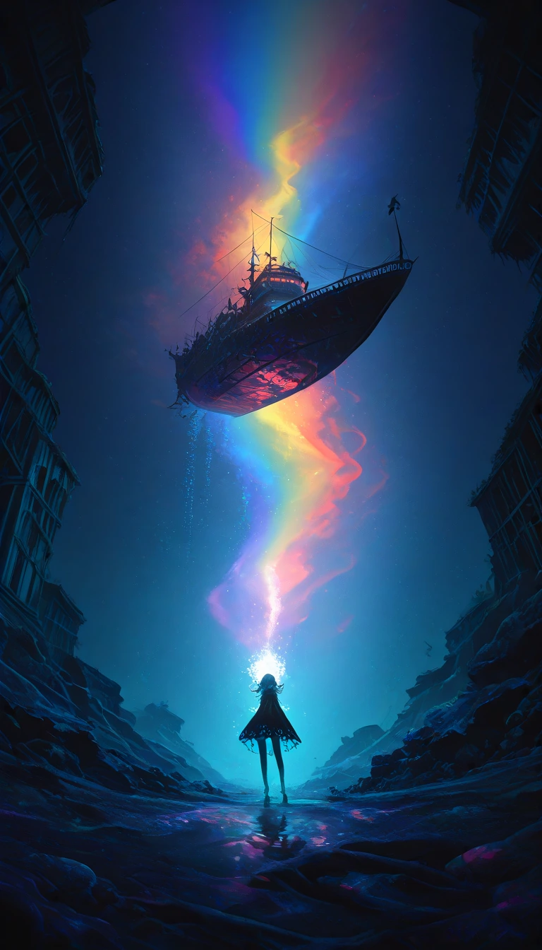 A colossal skull looms against swirling turquoise vortexes, containing an ethereal seascape within its hollow form. Translucent geometric pyramids emi