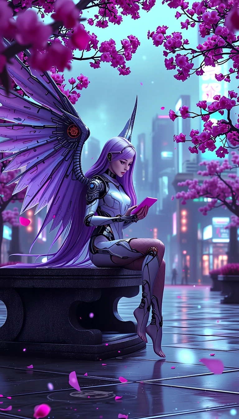 futuristic cyberpunk angel sitting on a stone bench, delicate female android with long flowing violet hair, metallic mechanical wings with intricate clockwork gears, soft porcelain skin with biomechanical details, holding a glowing holographic tablet